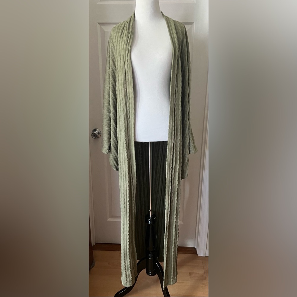 Extra Long Olive Green Knit Cardigan with bat wing sleeves